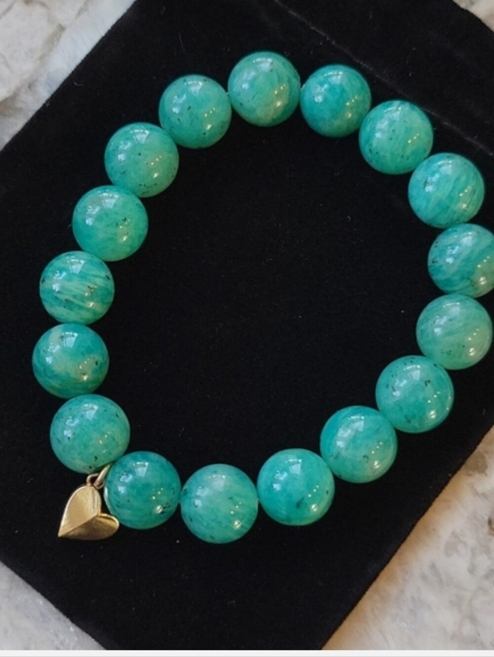 14k Amasonite Beaded Stretch Bracelet with 14k Heart Charm - Women Jewelry